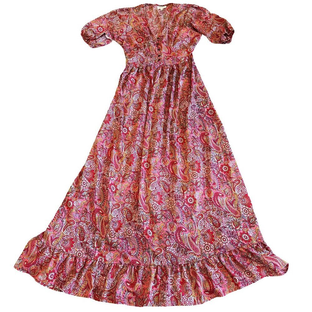 Boemo Bohemian Print Maxi Dress Short Sleeve Flowy Colorful Size Medium NWOT
